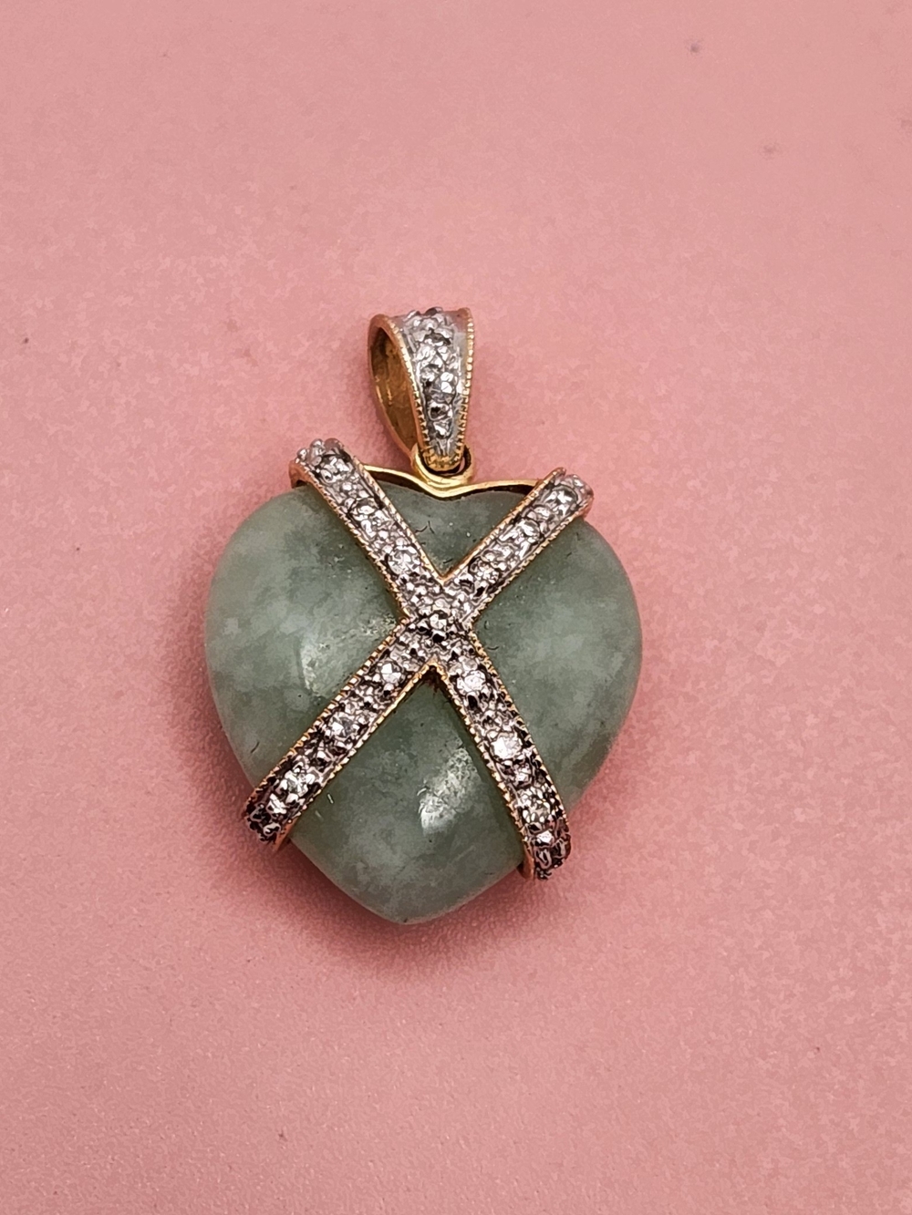 Vintage 14K Gold Jade & Diamond Crisscross Heart Pendant 4.1g
